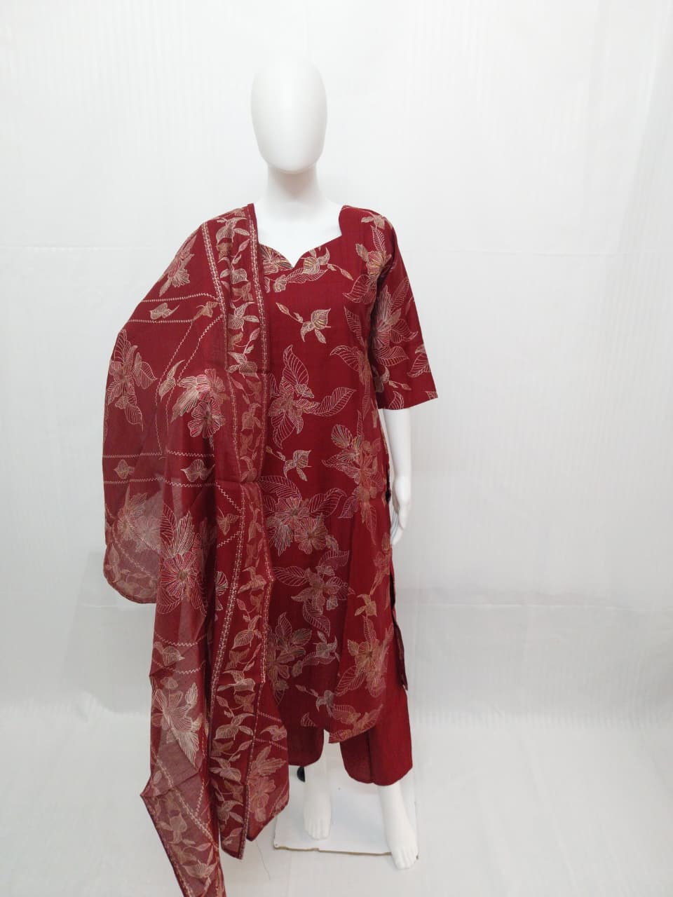 Premium Wine Maroon Woven Cotton Vertical Fabric 3-Piece Salwar Suit Set