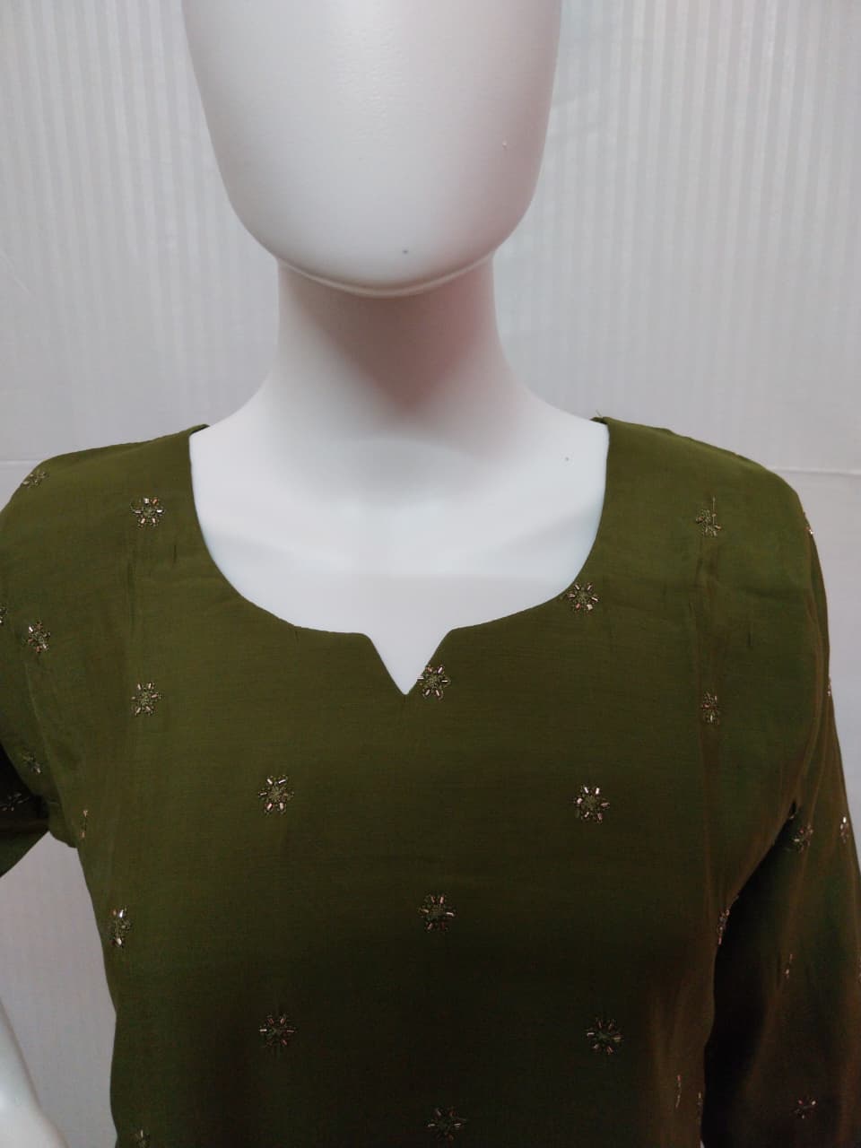 Premium Olive Green Mul Chanderi Embroidered Kurti with Sequence Accents