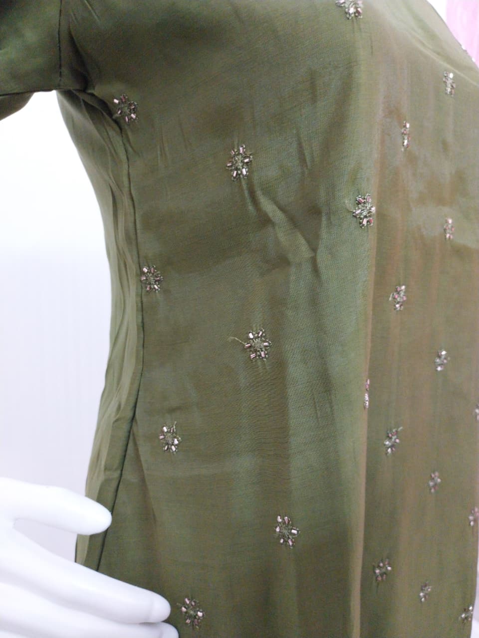 Premium Olive Green Mul Chanderi Embroidered Kurti with Sequence Accents