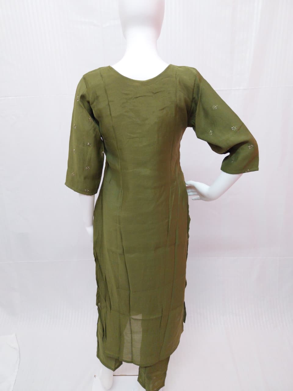 Premium Olive Green Mul Chanderi Embroidered Kurti with Sequence Accents