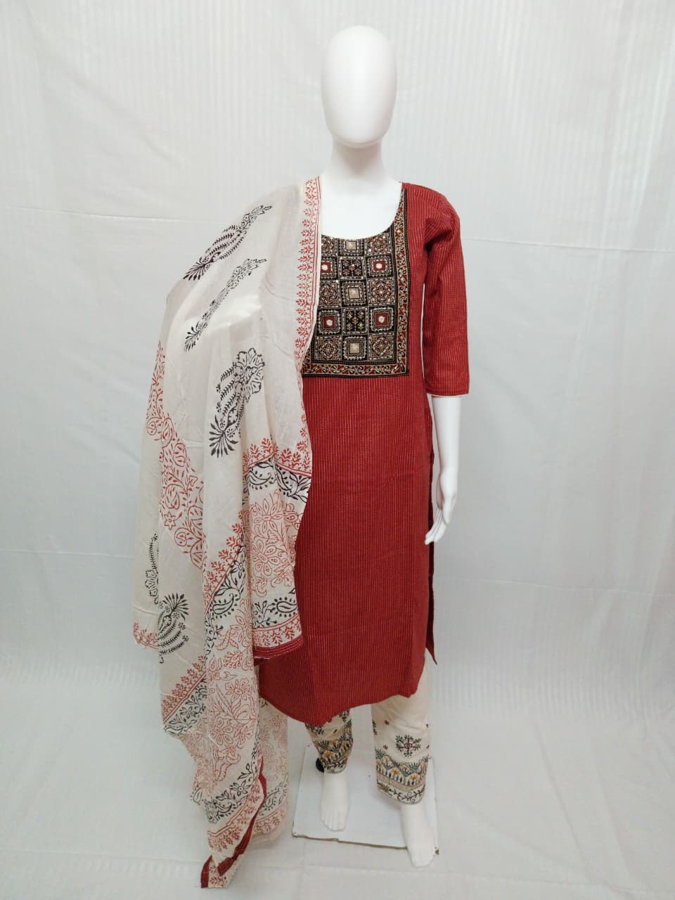 Premium Brick Red Cotton Katha Print 3-Piece Salwar Suit Set with Embroidered Yoke
