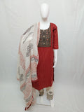 Premium Brick Red Cotton Katha Print 3-Piece Salwar Suit Set with Embroidered Yoke