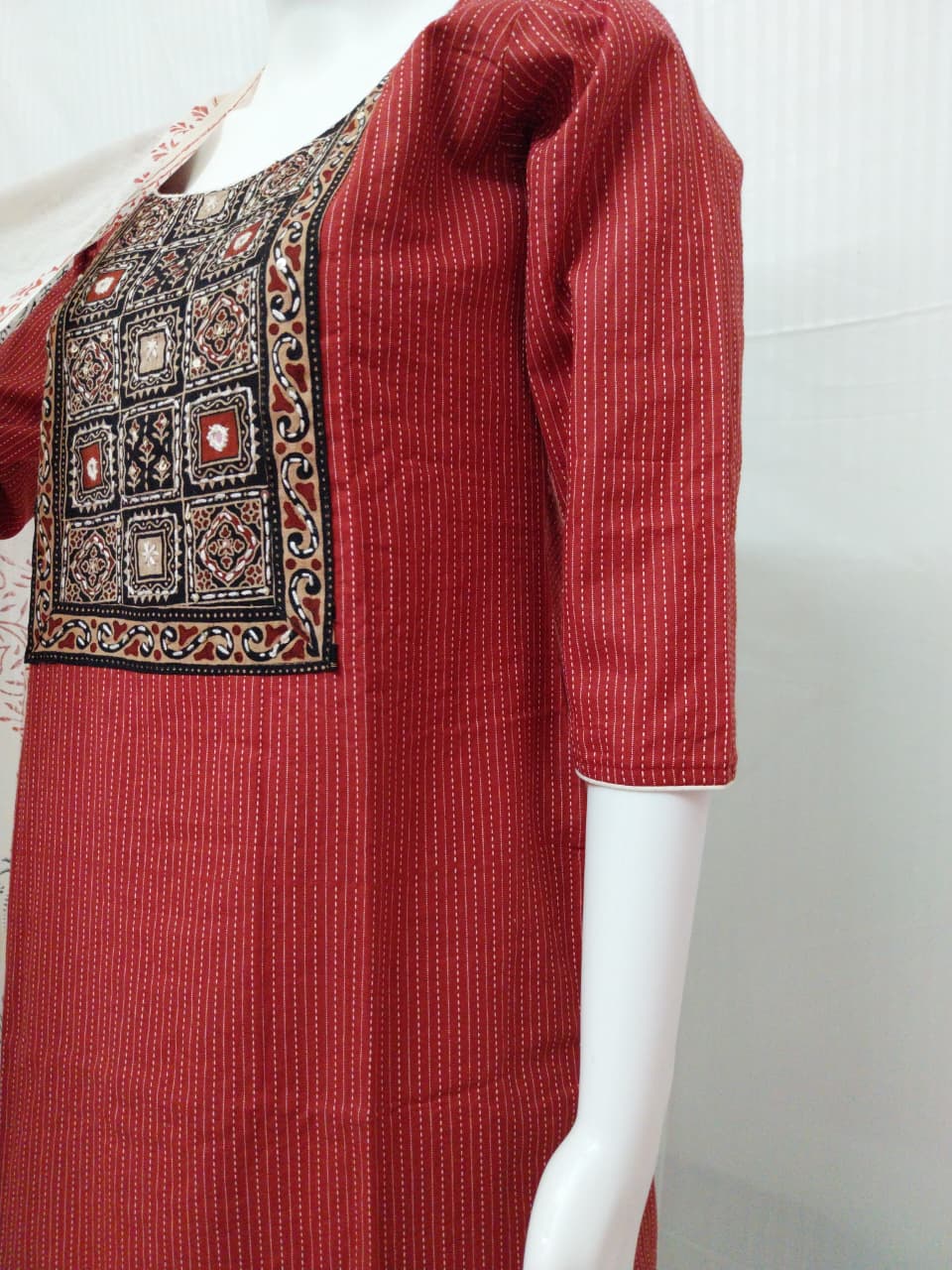 Premium Brick Red Cotton Katha Print 3-Piece Salwar Suit Set with Embroidered Yoke