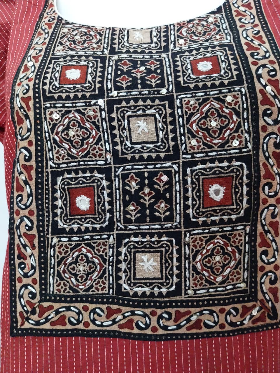 Premium Brick Red Cotton Katha Print 3-Piece Salwar Suit Set with Embroidered Yoke