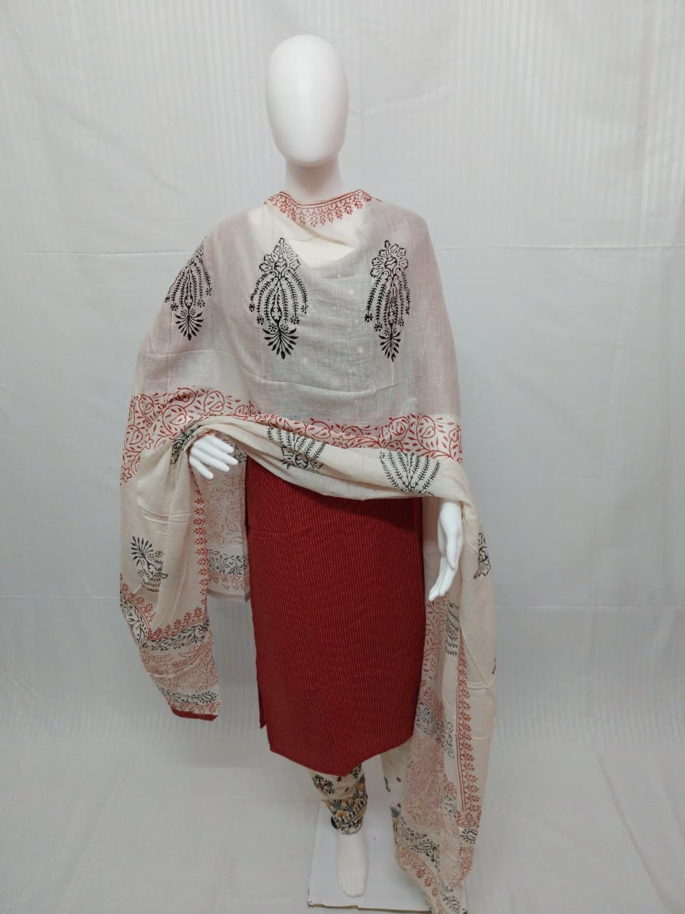 Premium Brick Red Cotton Katha Print 3-Piece Salwar Suit Set with Embroidered Yoke