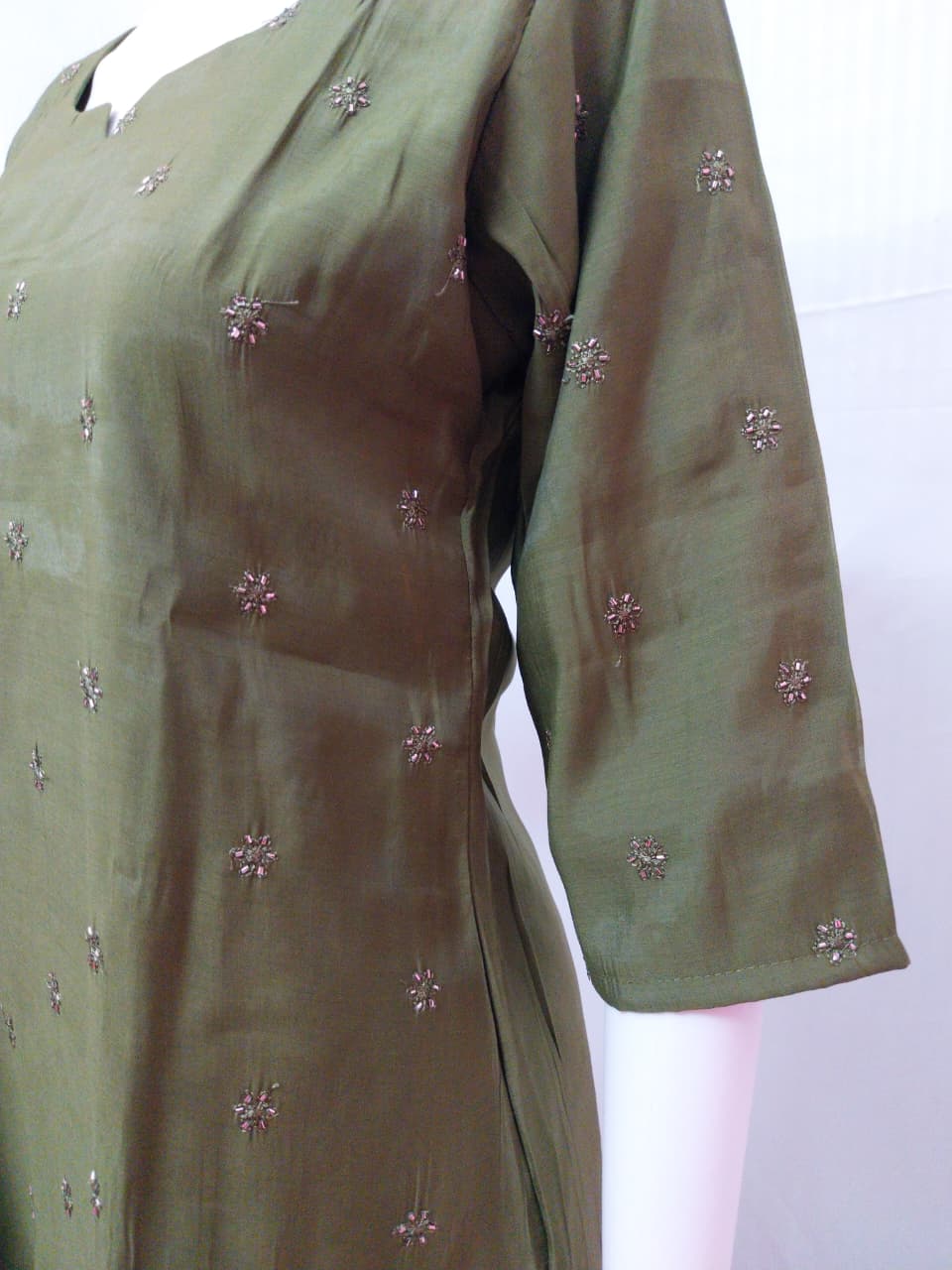 Premium Olive Green Mul Chanderi Embroidered Kurti with Sequence Accents