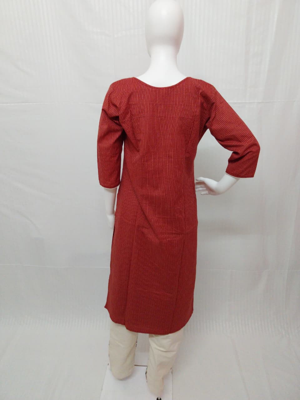 Premium Brick Red Cotton Katha Print 3-Piece Salwar Suit Set with Embroidered Yoke
